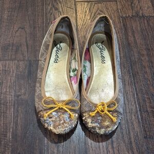 GUESS Brown Flats with Gold Sequin Toe and Yellow Bow